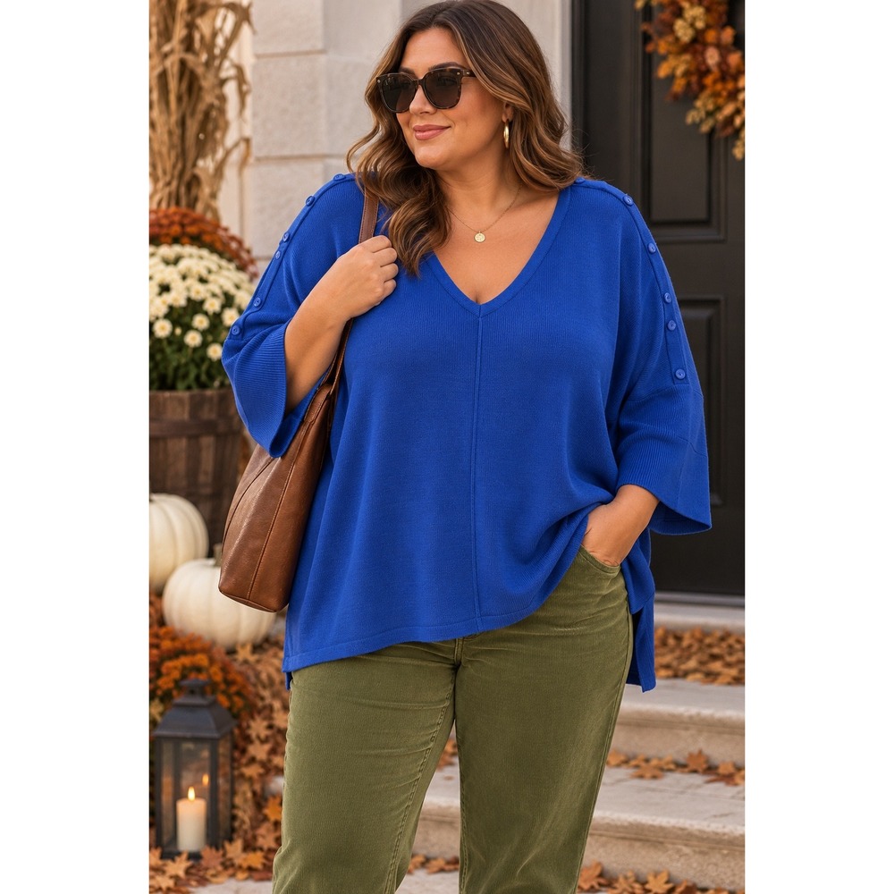 Catherines Royal Blue V-Neck Dolman Sleeve Button Tunic Sweater 5X 34/36